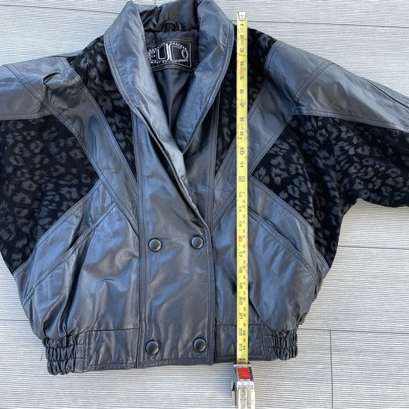 Rare Women’s Euro Mond Black Leather Jacket Boxy Bomber Leopard 80s Shoulder Pad - Picture 4 of 6